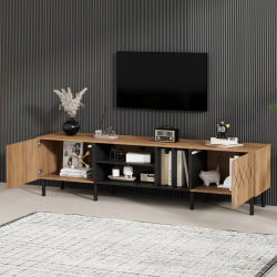 Mueble para TV con 2 puertas, 4 espacios de almacenamiento abiertos, moderno mueble bajo de aglomerado, mesa para televisor para sala de estar, para televisores de hasta 70 pulgadas, color madera