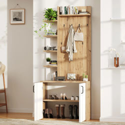 Perchero de 180 cm con armario, almacenamiento para zapatos, muebles de pasillo con ganchos para ropa, armario de pasillo con compartimentos de almacenamiento de 5 niveles y gabinetes de