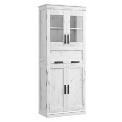 Mueble de Baño Independiente de 170 cm con Puertas de Vidrio y Cajón, Estantes Ajustables, Multiusos para Baño, Cocina, Pasillo, Lavandería
