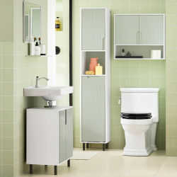 SoBuy BZR137-GR Armario baño estrecho con bolsa de ropa sucia, mueble baño ahorraespacio de madera, Blanco-Verde 167x31x30cm