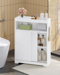Mueble de Baño con Puertas Corredizas, Portarrollos de Papel Higiénico y Gancho, Mueble de Almacenamiento Independiente con Estante Ajustable