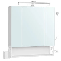 VASAGLE Armario de Baño con Espejo 3 Puertas, Mueble de Pared con Espejo, Enchufe, Cesta Colgante, Soporte para Secador de Pelo, para Baño, Lavabo, Blanco Nube