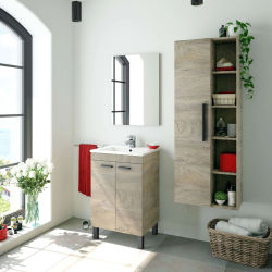 Miroytengo Pack De Baño Aseo Color Roble Alaska Con Mueble, Espejo, Lavabo Y Columna Industrial Lavabo Incluido