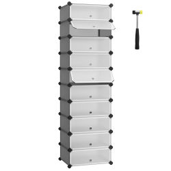 SONGMICS Muebles para Zapatos con 10 Compartimentos, Estante Modular de plástico, Caja de Almacenamiento para Zapatos, con Puerta y mazo, Gris/Negro/Marrón Rústico