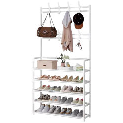 Mi Ko Mi Ka Perchero de pie con banco para zapatos y ganchos extraíbles - Mueble de entrada multifuncional (80 x 25 x 154 cm, Negro/Blanco) MIKOMIKA ESTANTERIA (ZAPA002 1590 )