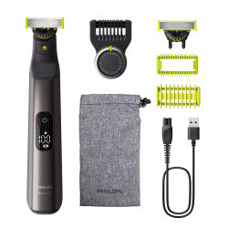 Philips OneBlade Pro Recortadora de Barba y Corporal,1x cuchilla 360 para cara; 1x cuchilla 360 para cuerpo; Protector de piel; Peine corporal (3 mm); Recortadora de precisión con 20 ajustes de