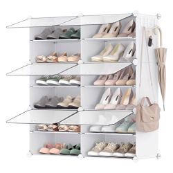 Mikomika Mueble Zapatero Plástico, 6 Compartimentos para 24 Pares de Zapatos, con Puertas, Estructura de Acero y Estantes de Plástico, Armario para Dormitorio