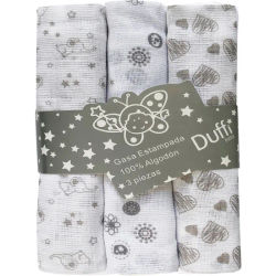 DUFFI BABY - MUSELINA ESTAMPADA 100% ALGODON (3 PIEZAS) 80X80 CM - Muselinas Suaves con Cada Lavado Para Bebés - Muselinas Duraderas y Resistentes Para Bebé - Muselinas Estampados Libres de Tóxicos