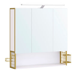 VASAGLE Armario de Baño con Espejo 3 Puertas, Mueble de Pared con Espejo, Enchufe, Cesta Colgante, Soporte para Secador de Pelo, para Baño, Lavabo/Roble Natural