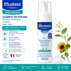 Mustela - Champú mousse Stelatopia 150 ml para cuero cabelludo sensible de bebés desde el nacimiento, hidratante y calmante con 98 % ingredientes naturales