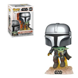 Funko pop star wars the mandalorian mandalorian volando con jet & baby yoda