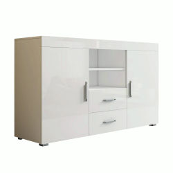 MB Muebles Bonitos - Aparador de salón modelo Roque en melamina brillo 140x80x40 cm con 2 puertas, 2 cajones y 2 estantes abiertos para diseño moderno