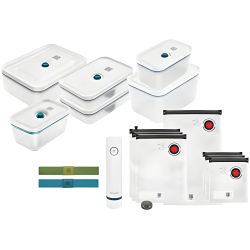 Zwilling Vacuum Set, 7-piece in La Mer color includes vacuum pump, glass containers, and bags for airtight food storage, ideal for keeping meals fresh longer and preserving food quality.