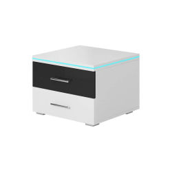 MB Muebles Bonitos - Mesita de noche, 2 cajones con LED, 50x36,5x45cm, Blanco con Negro Acabado Brillo, Modelo Paulina