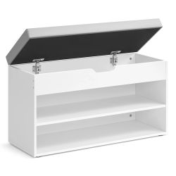VASAGLE Banco Zapatero, Mueble Zapatero con Asiento Tapizado, Banco Recibidor con 3 Compartimentos y Asiento Acolchado, 30 x 80 x 44 cm, para Entrada, Dormitorio, Blanco Nube y Gris Paloma