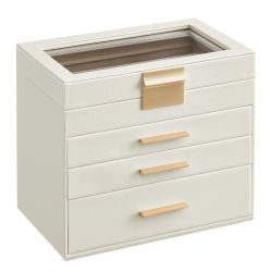 SONGMICS Caja de Joyas, Caja Joyero con 4 Niveles, Estuche para Joyería con Tapa de Cristal, 3 Cajones, para Gafas de Sol, Joyas Grandes, Moderno, Blanco Nube y Dorado/Gris y Dorado/Negro Grafito y