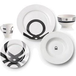 Benetton Set 26 Piezas Vajilla con Logo en Negro - En Loza - Vajilla 18 Piezas - 6 Servicios
