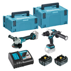 KIT MAKITA DLX2413TJ DHP486 + DGA504 + 2 BATERIAS 5.0AH + CARGADOR + MALETAS MAKPAC + Juego Puntas + Gafas