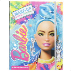 Lisciani Barbie - Set de maquillaje infantil, incluye sombras de ojos, coloretes, brillo de labios, pinceles, lápiz de ojos, gemas adhesivas, libro con actividades recortables, carpeta con espejo,