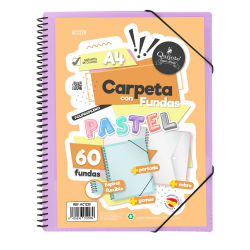 Quijote Paper World Carpeta A4 con Espiral y gomas 60 Fundas Colores Pastel