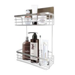 MEJORADA Estantes doble plantas almacenamiento de Acero inoxidable montados en pared para baño y cocina - Organizador de instalación rápida con gancho autoadhesivo sin taladro para champú, jabón,