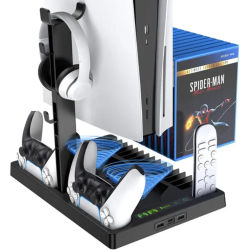 Base de refrigeración Almalux® para PS5 con soporte para auriculares - cargador de controladores y organizador de juegos