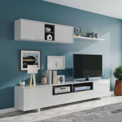 Mueble de Salón Comedor Moderno Blanco Belus (módulo inferior 200x46x41 cm + módulo superior 105x35x29 cm + estante 95x3x21 cm)