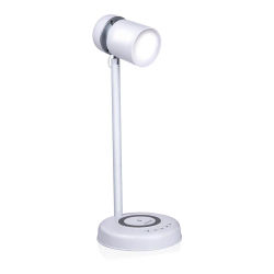 GRUNDIG Lámpara de escritorio LED 3 en 1 - Tecnología Qi - Cargador inalámbrico para teléfono móvil - Altavoz Bluetooth - 4 patas - Blanco