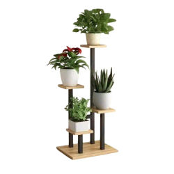 Estantes de Metal + MADERA para plantas, soporte para macetas, Soporte múltiple para macetas, organizador de exhibición para interiores , estante para macetas, jardín y balcón 4 Platos