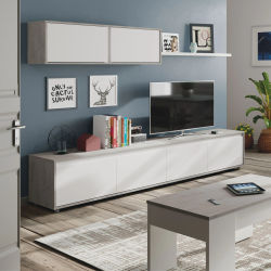 Miroytengo Mueble TV salón Comedor Alida Diseño Industrial en color Blanco y Cemento 2 Módulos 1 Estante 200x41 cm