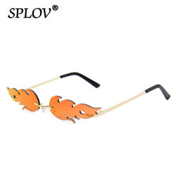 Gafas de sol de lujo con diseño de llamas de fuego para mujer, lentes de sol onduladas sin montura, lentes de Metal angostos, anteojos de espejo Vintage para mujer, moda urbana