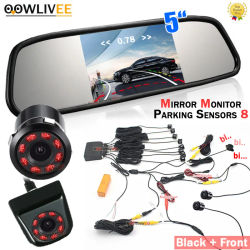 OOWLIVEE-Monitor de espejo Parktronic HD de 5 ", sensores de aparcamiento para coche, 8 Sistemas de aparcamiento, cámara de vídeo trasera, trayectoria dinámica, cámara frontal