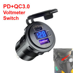 PD tipo C QC3.0 USB enchufe de cargador de coche con interruptor voltímetro toma de corriente carga rápida para 12V 24V motocicleta RV barco ATV