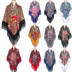 Bufanda cuadrada grande étnica de 160x160cm para mujer, chales con borlas, pañuelo con estampado Floral, turbante, manta Bandana Babushka rusa