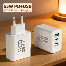 Cargador Rápido USB PD de 65W con 3 Puertos, Adaptador Tipo C para Teléfonos Móviles Samsung, Huawei, Xiaomi, iPhone, Cargador de Carga Rápida USB-C