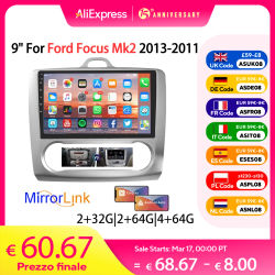 ESSGOO 9" 2 DIN Android 13 Estéreo de Coche Radio Reproductor Multimédia Wireless Carplay Android Auto Pantalla Táctil GPS Navegación Bluetooth AM/FM RDS Wifi Bluetooth para Ford Focus MK2 MK II Exi