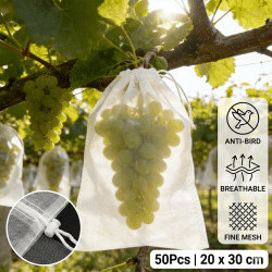 50 Bolsas de Protección para Frutas de Jardín de 20x30cm, Bolsas de Malla para Uvas, a Prueba de Insectos, Plagas y Pájaros, con Cordón, Bolsas de Red para Plantas
