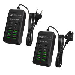 Cargador USB rápido multipuerto con enchufe UE, Reino Unido y EE. UU., con Cable de 1,2 m, 6 puertos USB-A y 4 USB-C, adaptador de corriente portátil para teléfonos, dispositivo USB