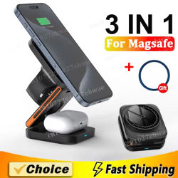 Estación de Carga Plegable 3 en 1, Soporte de Carga Inalámbrica Magnética Rápida para iPhone 17 16 15 14 13 12, Apple Watch 8 7 6, Airpods Pro