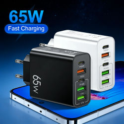 Cargador USB de 65W con 5 puertos PD de 20W, carga rápida USB, adaptador de carga rápida 3.0 para iPhone, Samsung, Xiaomi, adaptador de cargador de pared.