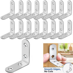 20 soportes en L de acero inoxidable con tornillos, 90 ° Soportes de estante de ángulo recto para accesorios de muebles de madera, mesa