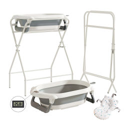 Bañera Plegable 3 en 1 para Bebés con Soporte, Bañera Multifuncional para Recién Nacidos, Bebés y Niños Pequeños, Termómetro Integrado y Almohada de Baño Suave, Bañera Portátil Antideslizante, Gris