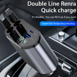 Adaptador de cargador de coche 120W carga rápida USB tipo C Cable de cargador rápido con cables retráctiles apto para iPhone 16/15/14/13/12 Samsung