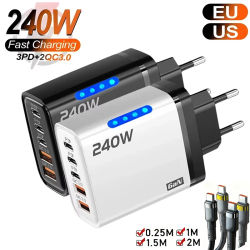 Nuevo cargador GaN 5 en 1 para IPhone 16 15pro, portátil de escritorio, Samsung, adaptador de carga rápida de 240W, cargador de Cable tipo 120w a TypeC
