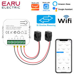Medidor de Energía Solar Fotovoltaica EARU Monofásico/Bifásico con Monitor Bidireccional Inteligente WiFi y App Tuya, Medición de Corriente, Voltaje y kWh, Abrazadera CT