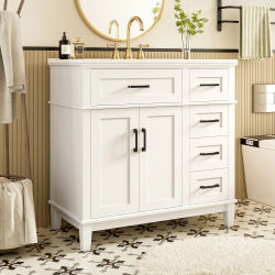 Mueble de Baño de 90 x 46 x 87 cm, Cajones con Amortiguación Silenciosa, Estante Doble en las Puertas, Patas de Madera Maciza, Lavabo de Cerámica Integrado