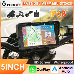 Podofo Reproductor Inteligente para Motocicleta de 5 Pulgadas, Resistente al Agua IP68, con CarPlay Inalámbrico, Android Auto, Navegación, Monitor con Sistema de Monitoreo de Presión de Neumáticos