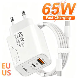 Cargador de carga rápida GaN de 65W, adaptador de corriente USB tipo C de 2 puertos para iPhone, Samsung, Xiaomi, cargador de pared con enchufe europeo/estadounidense