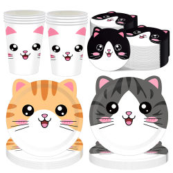 Vajilla de animales bonitos, platos de cena en forma de gato, platos desechables, servilletas, tazas, tema de animales, cumpleaños, Baby Shower, recuerdos de fiesta