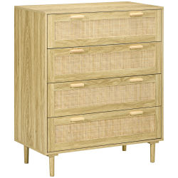 HOMCOM Cómoda de dormitorio con 4 cajones, mueble de almacenaje estilo bohemio con frente tejido en resina trenzada, 90x45x108,5 cm, ch